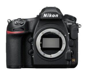 Nikon D850 DSLR camera body, front view without lens