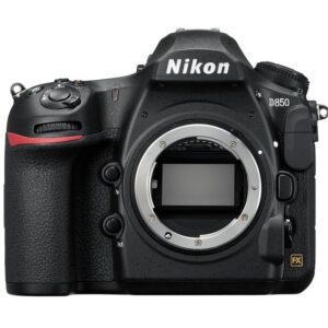 Nikon D850 DSLR camera body, front view without lens